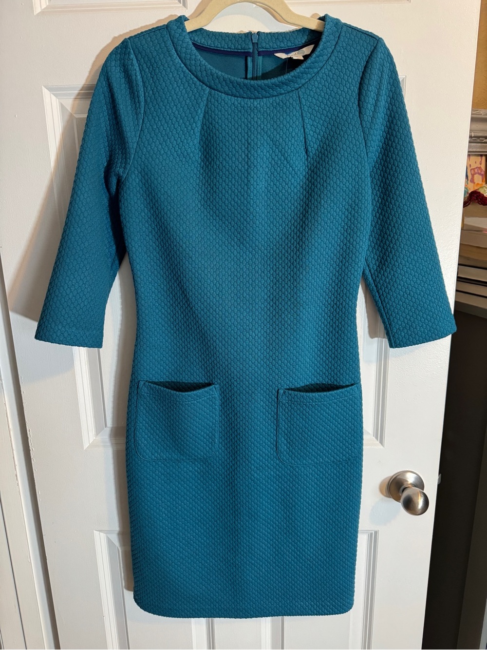 Boden Teal Textured Midi Sheath Dress with Pockets